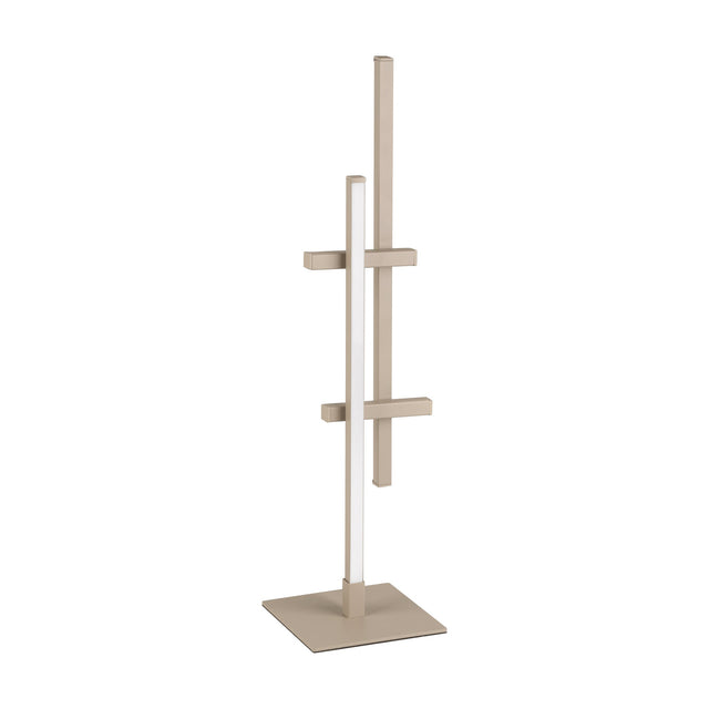 Wirmane LED table lamp in sand, with two offset vertical bars joined by crossbars, a white LED diffuser strip, and a square flat base, on a plain white background.