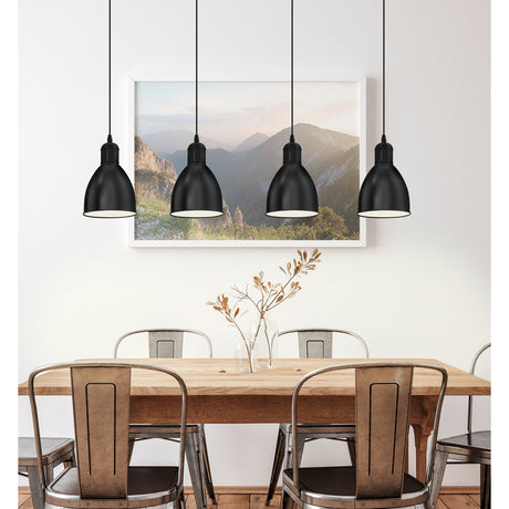 Wirnorne Linear Pendant Light with four black bell-shaped steel shades, white interiors, and black cords, shown above a dining table.