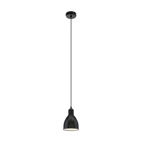 Wirnorne pendant light with a 15.5cm domed steel shade, black outside and white inside, suspended on a black cord from a round ceiling rose, shown on a plain white background.