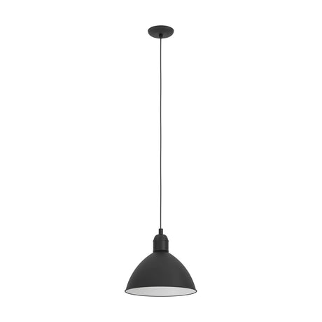 Wirnorne Pendant Light 30.5cm in black steel with a white interior dome shade, hung on a black cord from a round ceiling rose, shown on a plain white background.