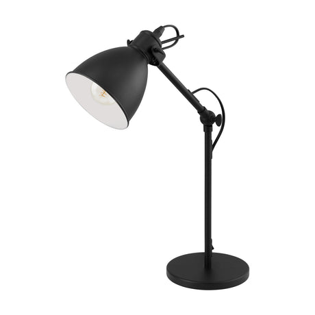 Wirnorne table lamp in black steel with a bell-shaped shade, white interior lining, jointed arm and round base, shown on a plain white background.