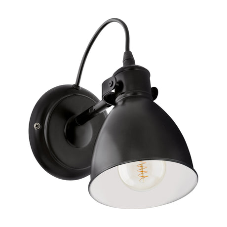Wirnorne wall light with round black backplate, adjustable arm and dome shade in black with white interior, shown with an E27 bulb on a plain white background.