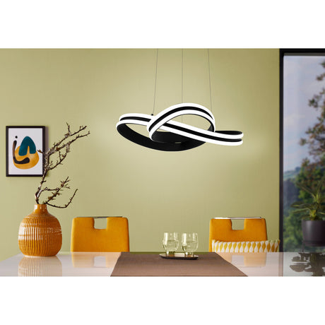 Wisenne black pendant light with interlocking steel ribbon loops and white LED diffuser strips, hung on three wires above a dining table with mustard chairs.