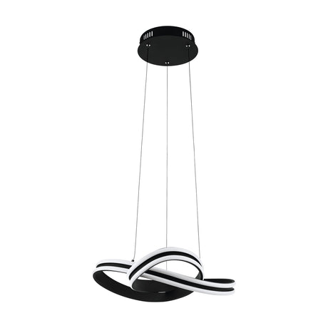 Wisenne black pendant light with interlocking steel ribbon loops and white LED diffuser strips, suspended on three fine wires from a round black ceiling canopy, shown on a plain white background.