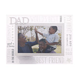 Glass photo frame with raised silver 3D "DAD" lettering and clear border printed with words like World's Best, My Hero and Best Friend, holding a 6"x4" family photo.
