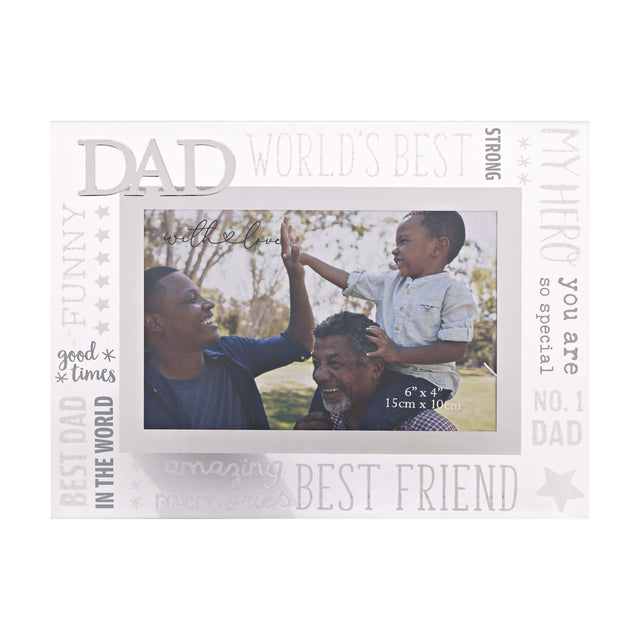 Glass photo frame with raised silver 3D "DAD" lettering and clear border printed with words like World's Best, My Hero and Best Friend, holding a 6"x4" family photo.
