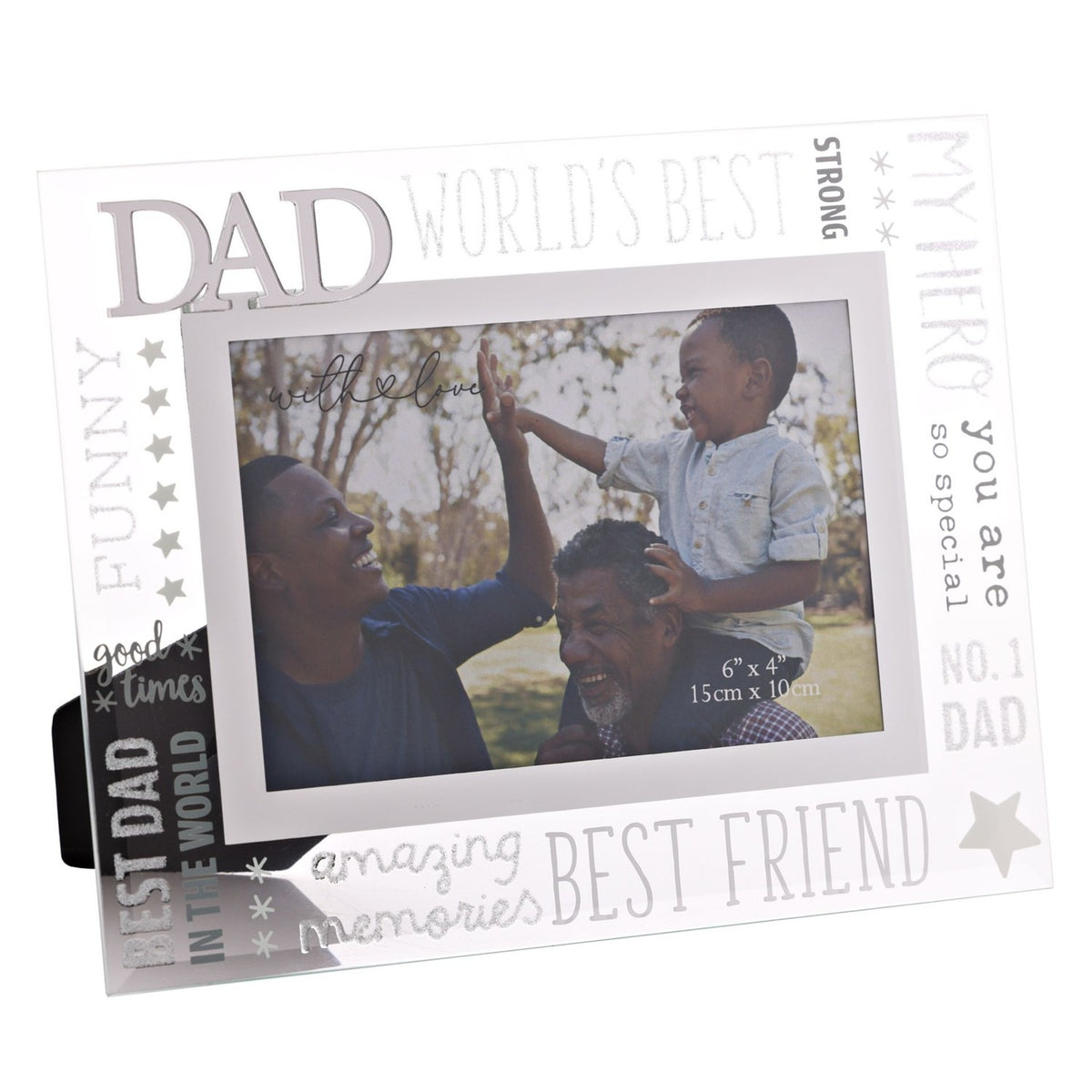Glass photo frame with raised silver 3D "DAD" lettering and silver text reading World's Best, My Hero, No. 1 Dad and Best Friend, holding a photo of a man and child outdoors.