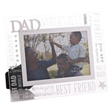 Glass photo frame with raised silver 3D "DAD" lettering and silver text reading World's Best, My Hero, No. 1 Dad and Best Friend, holding a photo of a man and child outdoors.