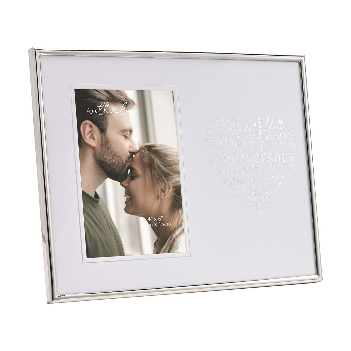 10th Anniversary Heart Metal Photo Frame 6 x 4in - Silver & White