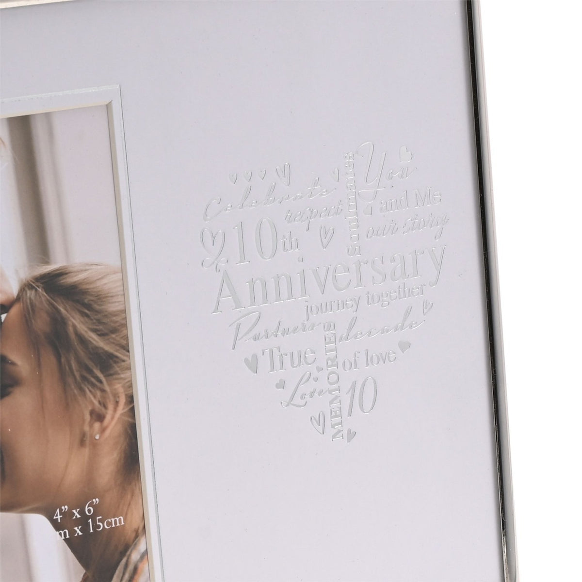 10th Anniversary Heart Metal Photo Frame 6 x 4in - Silver & White