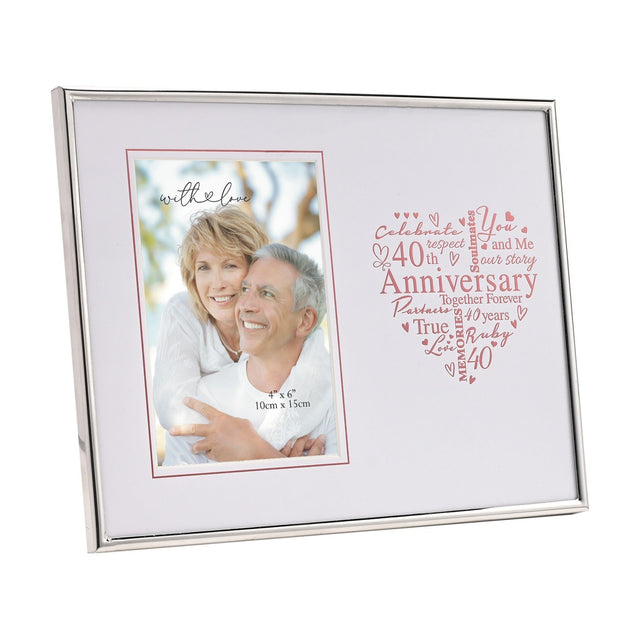 Silver metal rectangular photo frame holding a 4x6in photo of a couple, with a red heart-shaped word design reading "40th Anniversary" on the white mount.