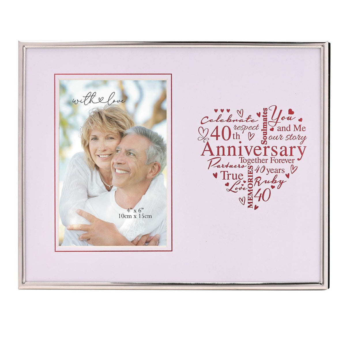 Silver metal rectangular photo frame with a 4x6in opening for a couple's photo, beside a red heart-shaped word design reading "40th Anniversary" on a white mount.