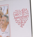 Silver metal photo frame with 4x6in aperture, showing a couple's photo beside a red heart-shaped word design reading "40th Anniversary" on a white mount.