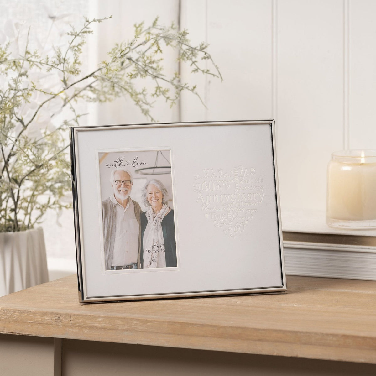 60th Anniversary Heart Metal Photo Frame 6 x 4in - Silver