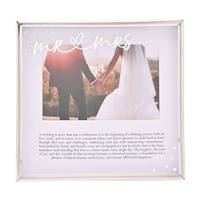 Square silver metal photo frame with white mount, "Mr & Mrs" script above a 6x4in wedding photo and printed verse, accented with small gem details.