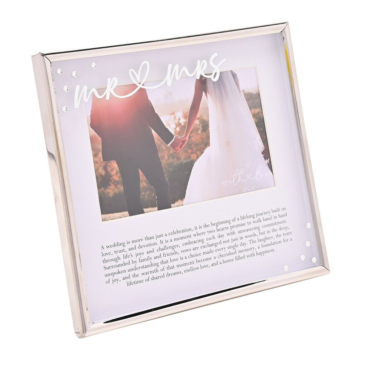 Square silver metal photo frame with white mount, "Mr & Mrs" script above a wedding photo of a bride and groom holding hands, with a printed wedding verse below.