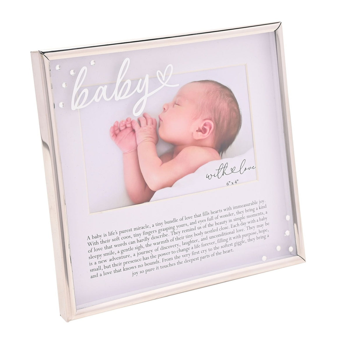 Silver metal photo frame with "baby" in white script and heart detail, holding a 6 x 4in landscape photo with a printed message beneath, on a plain white background.