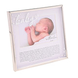 Silver metal photo frame with "baby" in white script and heart detail, holding a 6 x 4in landscape photo with a printed message beneath, on a plain white background.