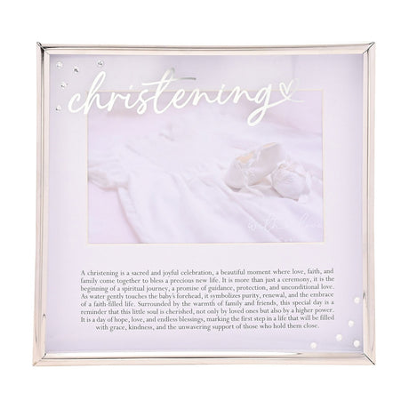 Square silver metal photo frame with "christening" in white script and a heart above a 6x4in photo window, with a printed verse beneath on a white mount.