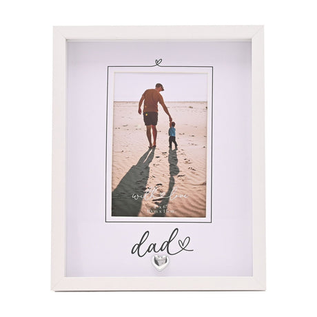 White wooden rectangular photo frame with "dad" script and heart detail on the mount, holding a 6x4in beach photo of a father and child.