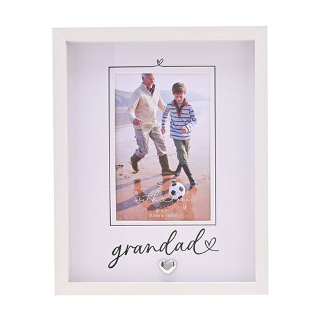White wooden "grandad" photo frame with heart line-art details and a small silver heart, holding a 6 x 4in portrait photo on a plain background.