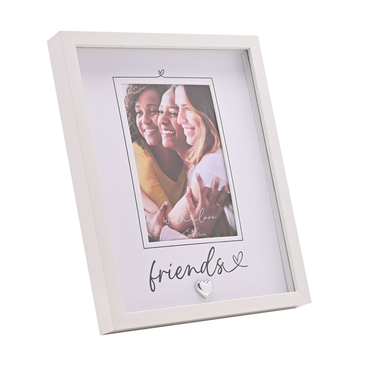 White rectangular photo frame with grey mount, "friends" script and small silver heart, holding a 6 x 4in photo of three women, shown on a plain white background.