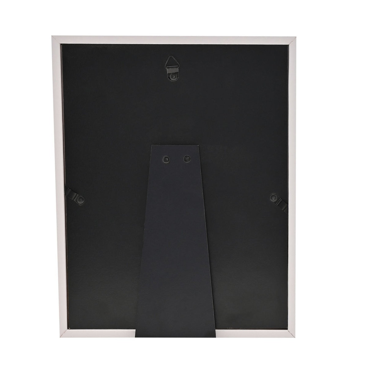 Back view of the Friends Script 6 x 4in white photo frame, showing a black backing panel with an easel stand, hanging tabs, and a triangular hook for wall mounting.