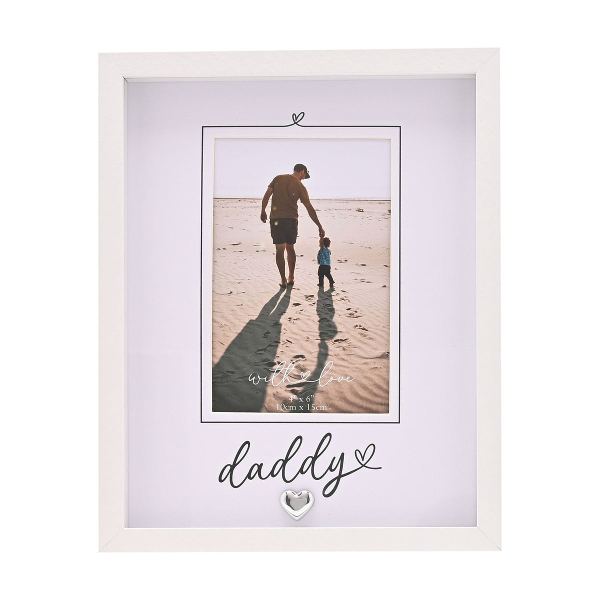 White freestanding photo frame with "daddy" script and heart details below a 6 x 4in portrait photo of a man and child walking on a beach.