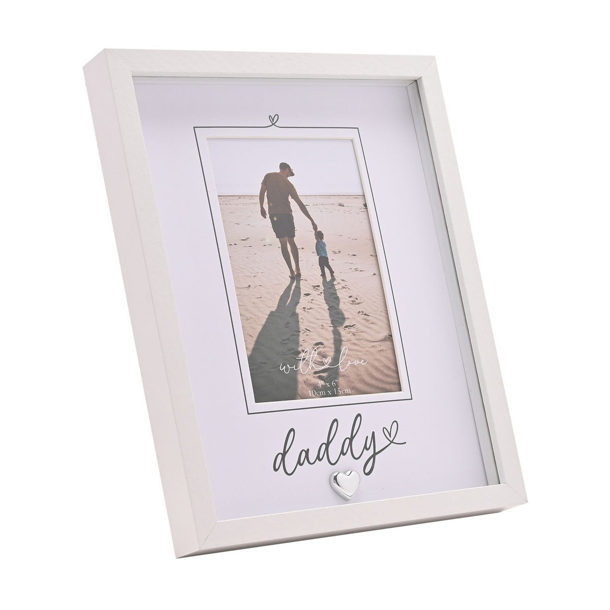 White freestanding photo frame with "daddy" script and heart details on the mount, holding a 6 x 4in portrait photo, shown on a plain background.