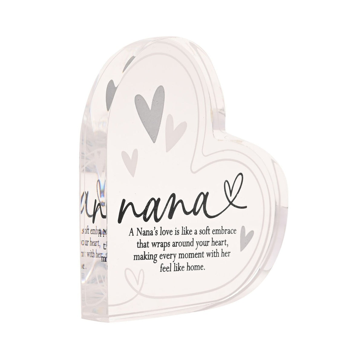 Clear acrylic freestanding heart decoration printed with "nana" in black script and a short love verse, with grey heart patterns, on a white background.