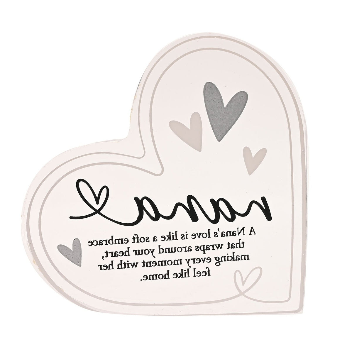 Freestanding clear acrylic heart decoration with "nana" in black script, grey and beige heart motifs, and a printed verse, shown on a plain white background.