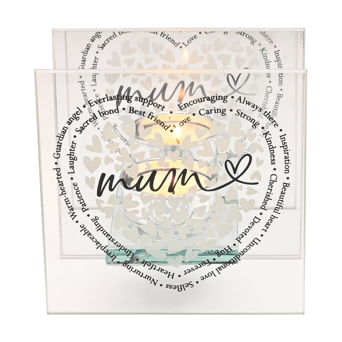 Square glass tealight candle holder with two clear panels, a heart of small white hearts, "mum" in black script, and a surrounding ring of sentimental words, lit candle visible, on a white background.