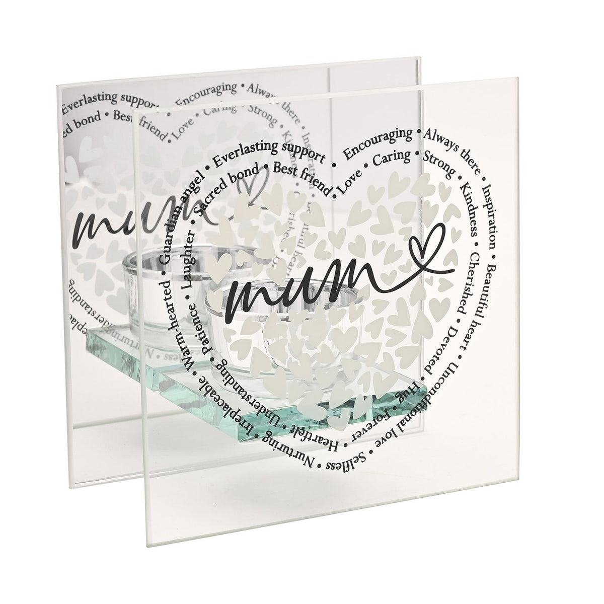 Clear glass double-panel tealight holder featuring white heart cluster, black script "mum," and surrounding sentimental words, on a glass base against a white background.