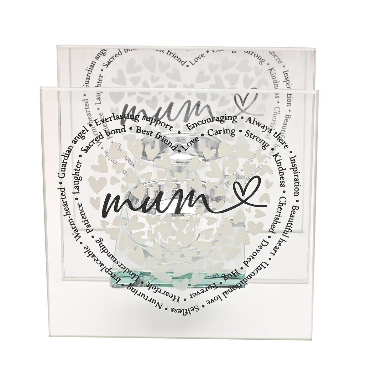 Square glass tealight candle holder with two clear panels, a heart made of tiny white hearts, "mum" in black script at the centre, and surrounding sentimental words, shown on a plain white background.