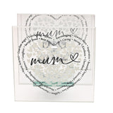 Square glass tealight candle holder with two clear panels, a heart made of tiny white hearts, "mum" in black script at the centre, and surrounding sentimental words, shown on a plain white background.