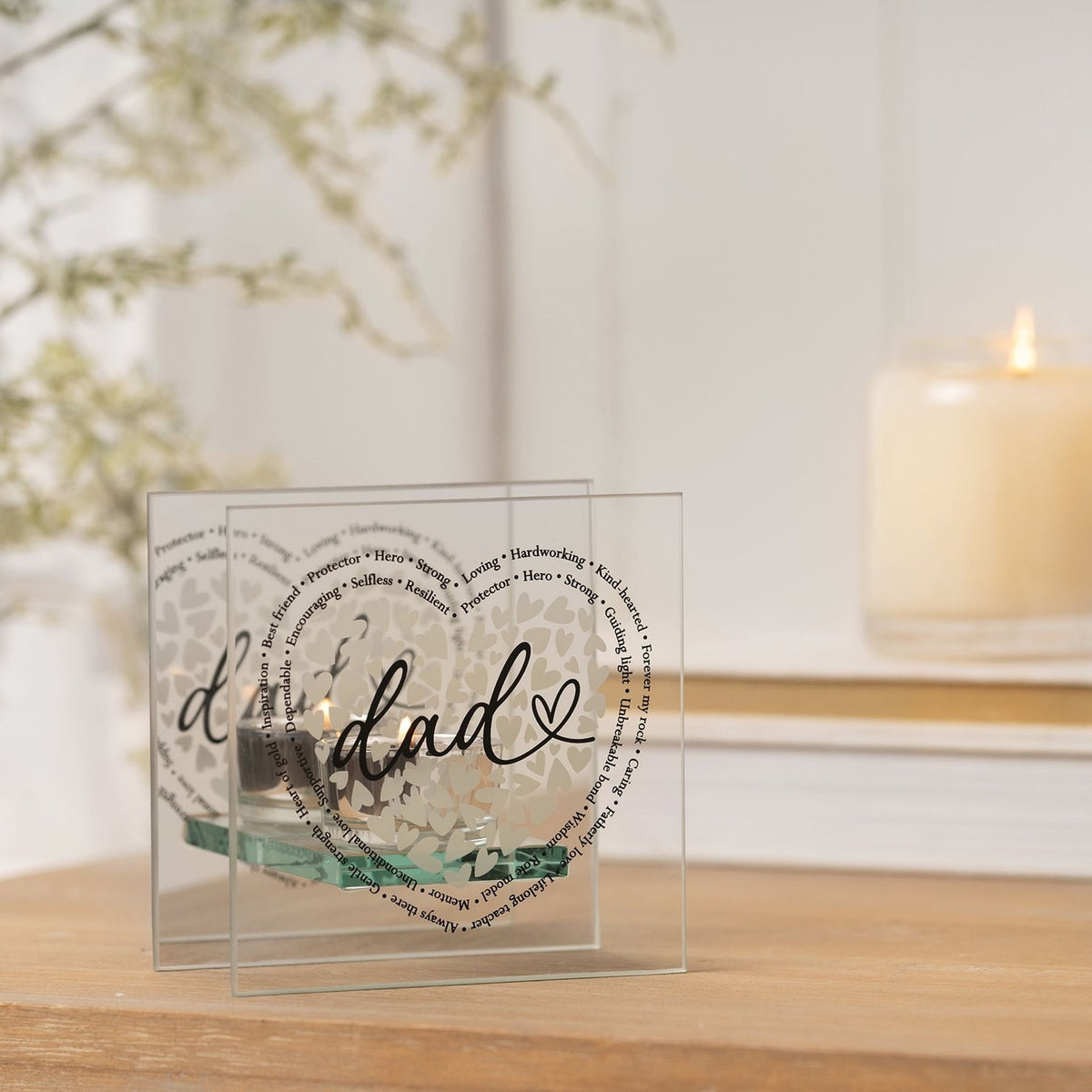 Dad Heart Glass Tealight Candle Holder - Clear & Silver