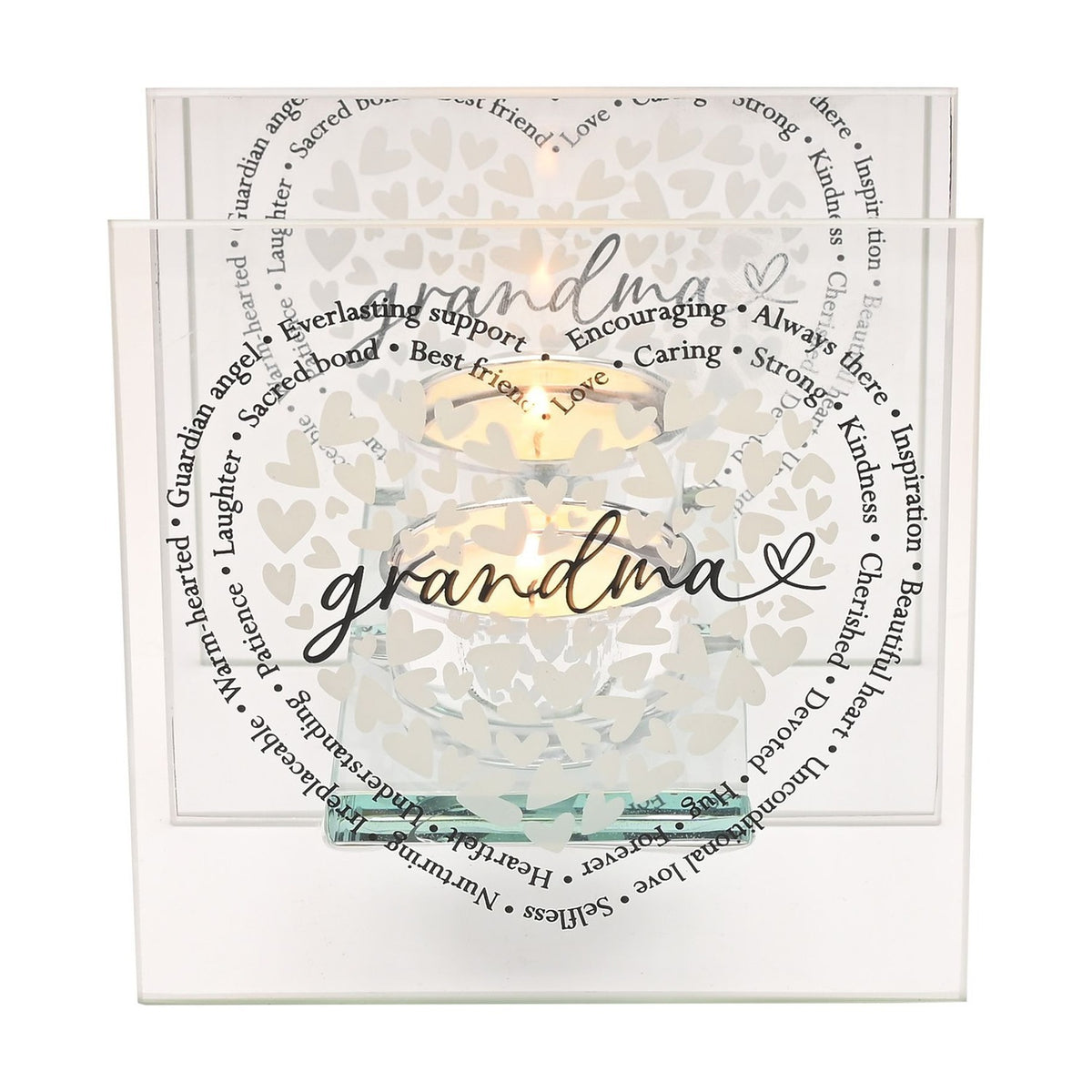 Square glass tealight holder with two lit candles, engraved with grandma in script, surrounded by small hearts and words like guardian angel and best friend.