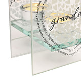 Close-up of the Grandma Heart Square Glass Tealight Candle Holder, clear glass with white heart pattern, script "grandma" text, and a ring of printed words like Guardian, Understanding, and Nurturing.