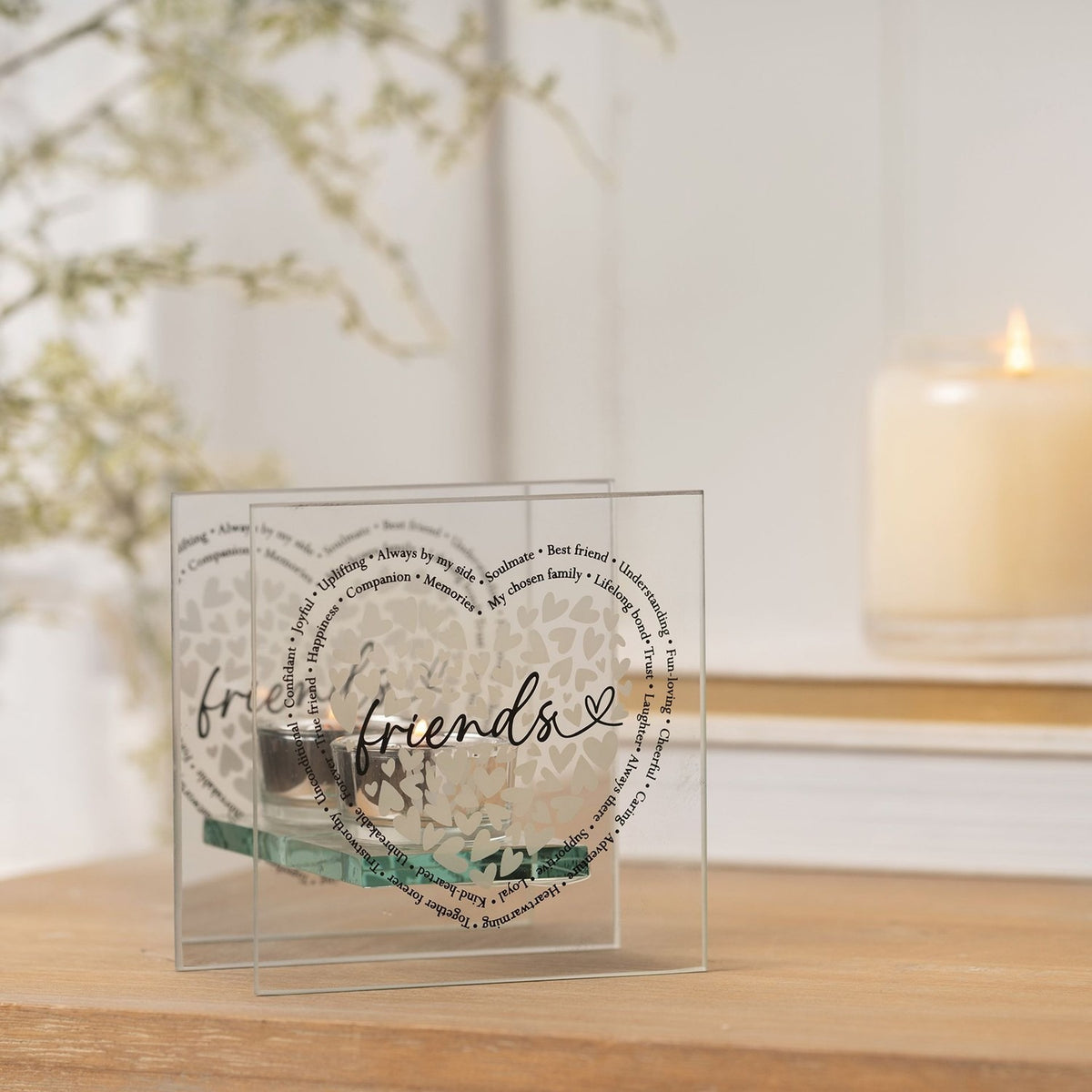 Friends Heart Square Glass Tealight Candle Holder - Clear