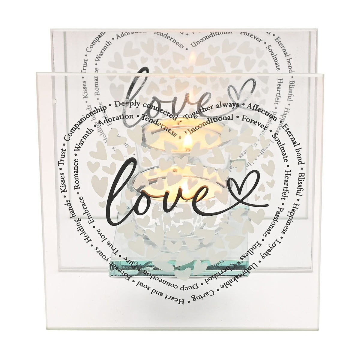 Square Love Heart Print Glass Tealight Candle Holder - Clear