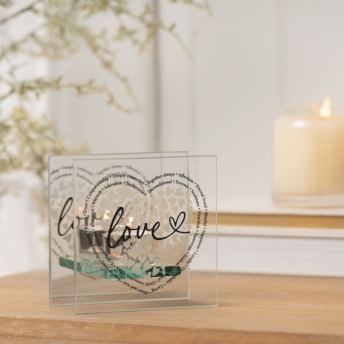 Square Love Heart Print Glass Tealight Candle Holder - Clear