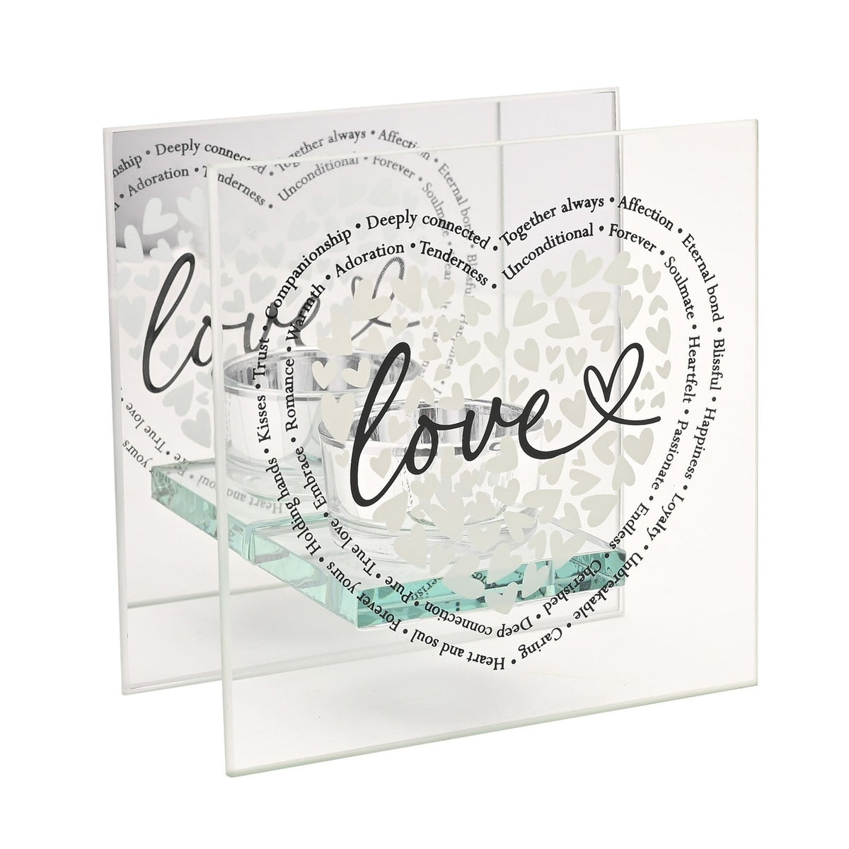 Square Love Heart Print Glass Tealight Candle Holder - Clear