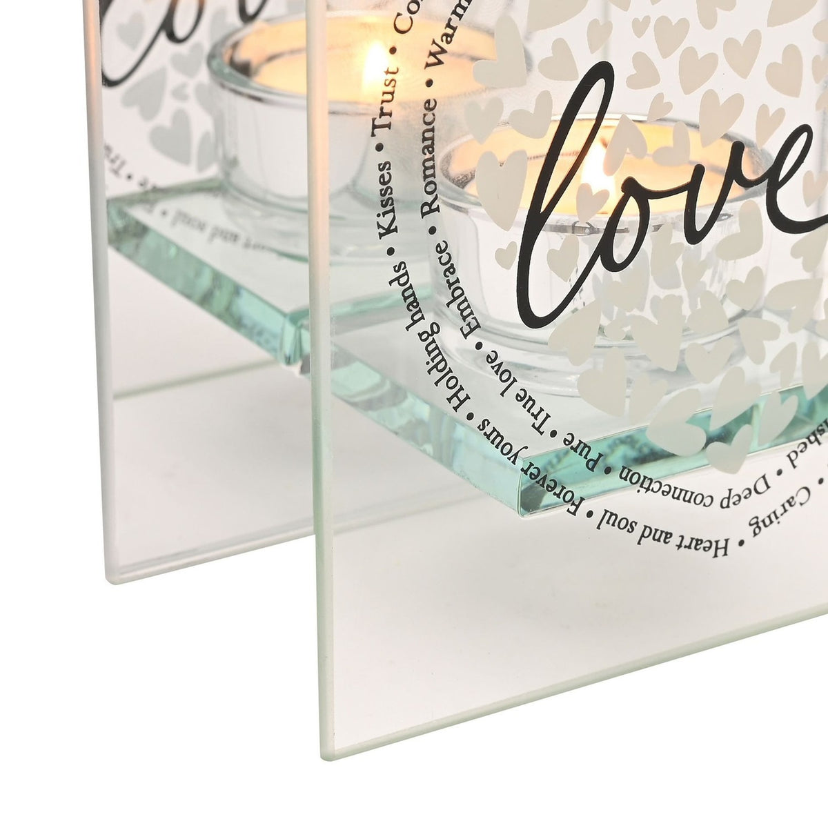Square Love Heart Print Glass Tealight Candle Holder - Clear