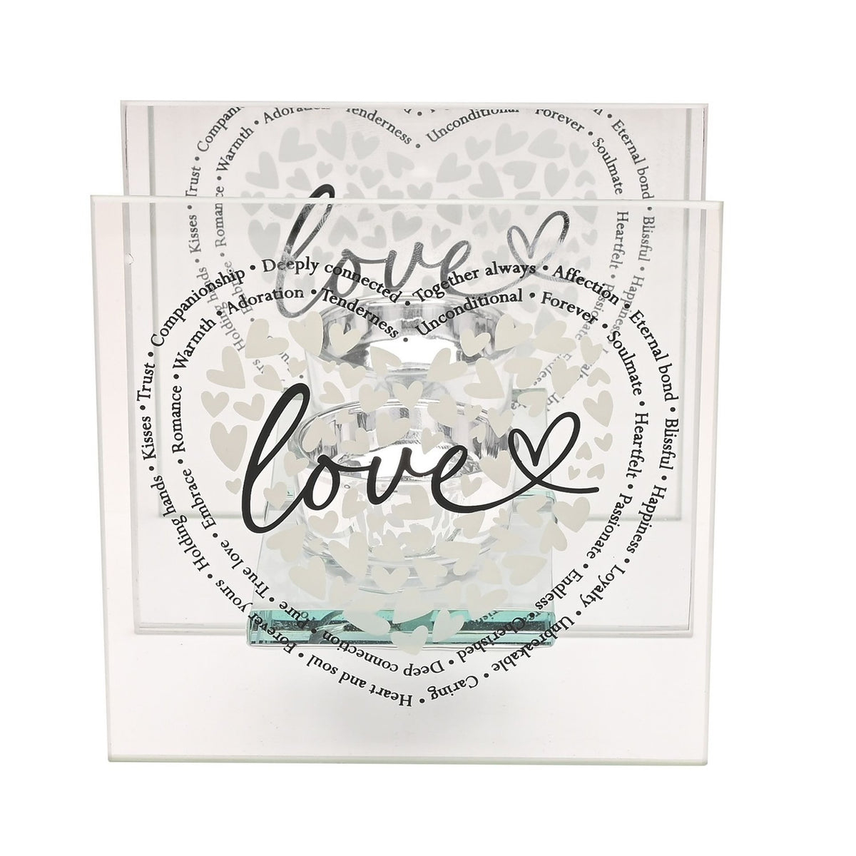 Square Love Heart Print Glass Tealight Candle Holder - Clear