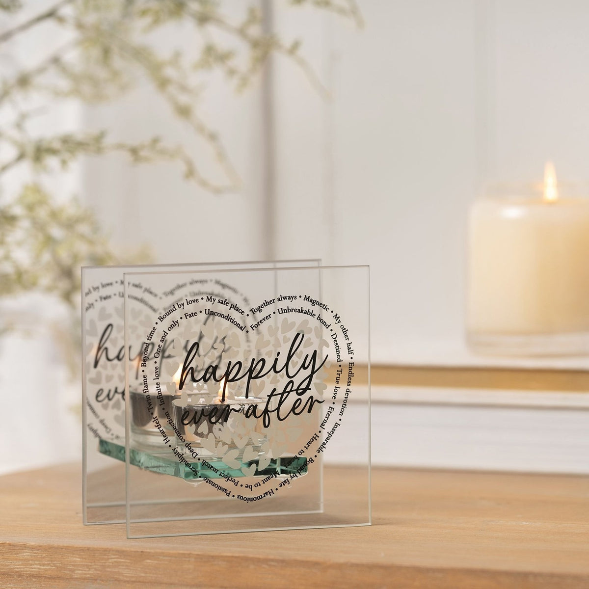 Happily Ever After Heart Glass Tealight Candle Holder - Clear
