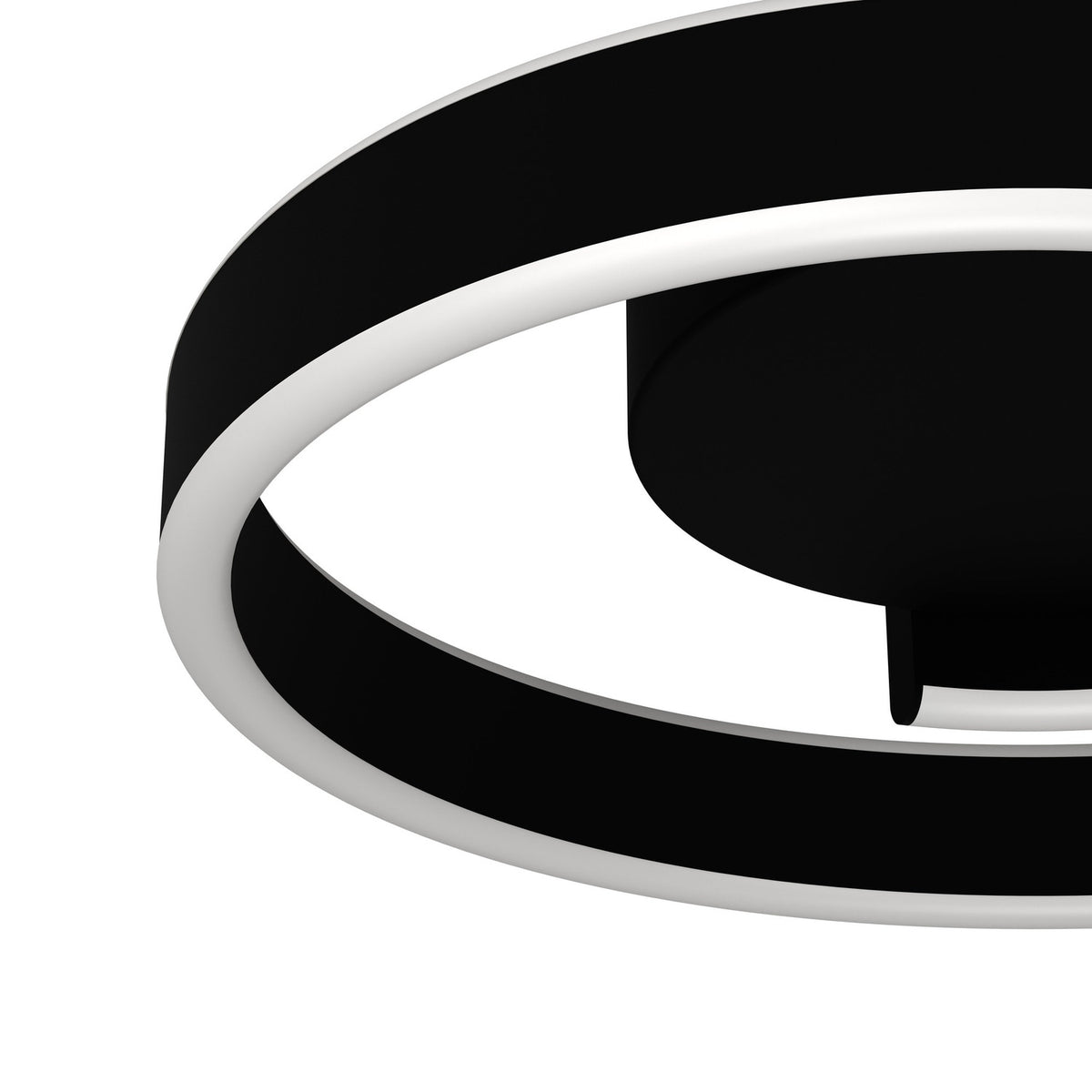 Close-up of the Andabaia Smart LED flush ceiling light in black, showing its spiral aluminium and steel band with white plastic diffuser against a plain white background.