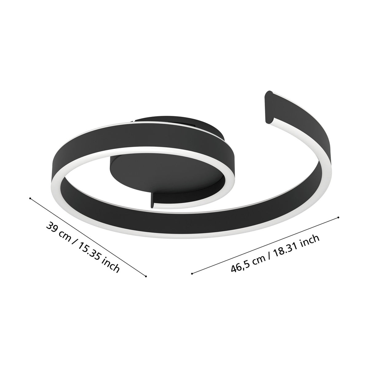 Andabaia Smart LED Flush Ceiling Light in black, a spiral band of aluminium and steel with a white diffuser, shown with its 46.5cm length and 39cm width labelled on a white background.
