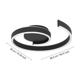 Andabaia Smart LED Flush Ceiling Light in black, a spiral band of aluminium and steel with a white diffuser, shown with its 46.5cm length and 39cm width labelled on a white background.
