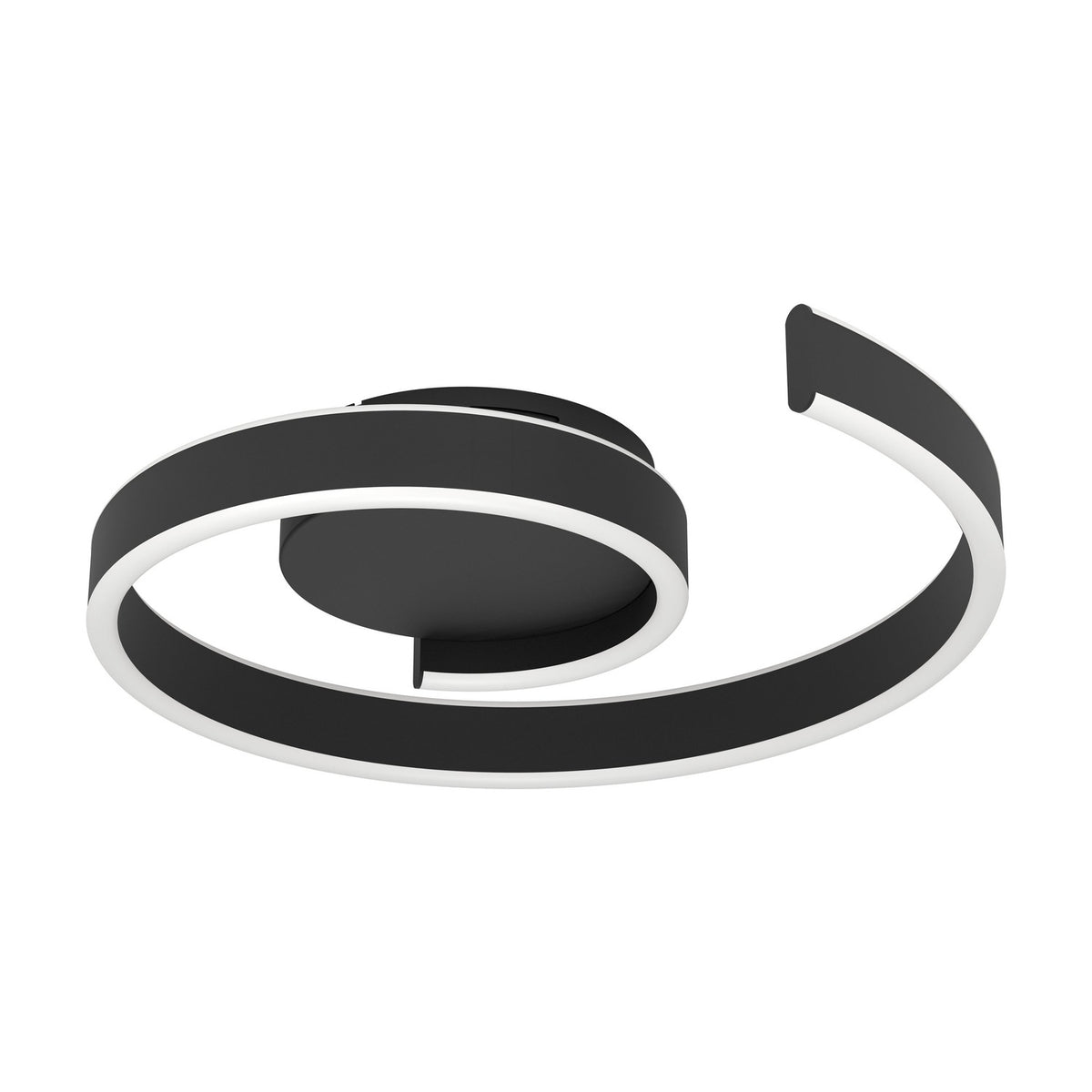 Andabaia Smart LED Flush Ceiling Light in black, an open spiral band of aluminium and steel with a white plastic diffuser, mounted on a round ceiling base against a plain white background.