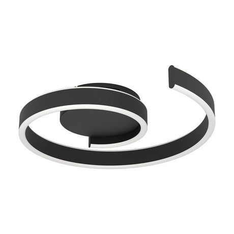 Andabaia Smart LED Flush Ceiling Light in black, an open spiral band of aluminium and steel with a white plastic diffuser, mounted on a round ceiling base against a plain white background.